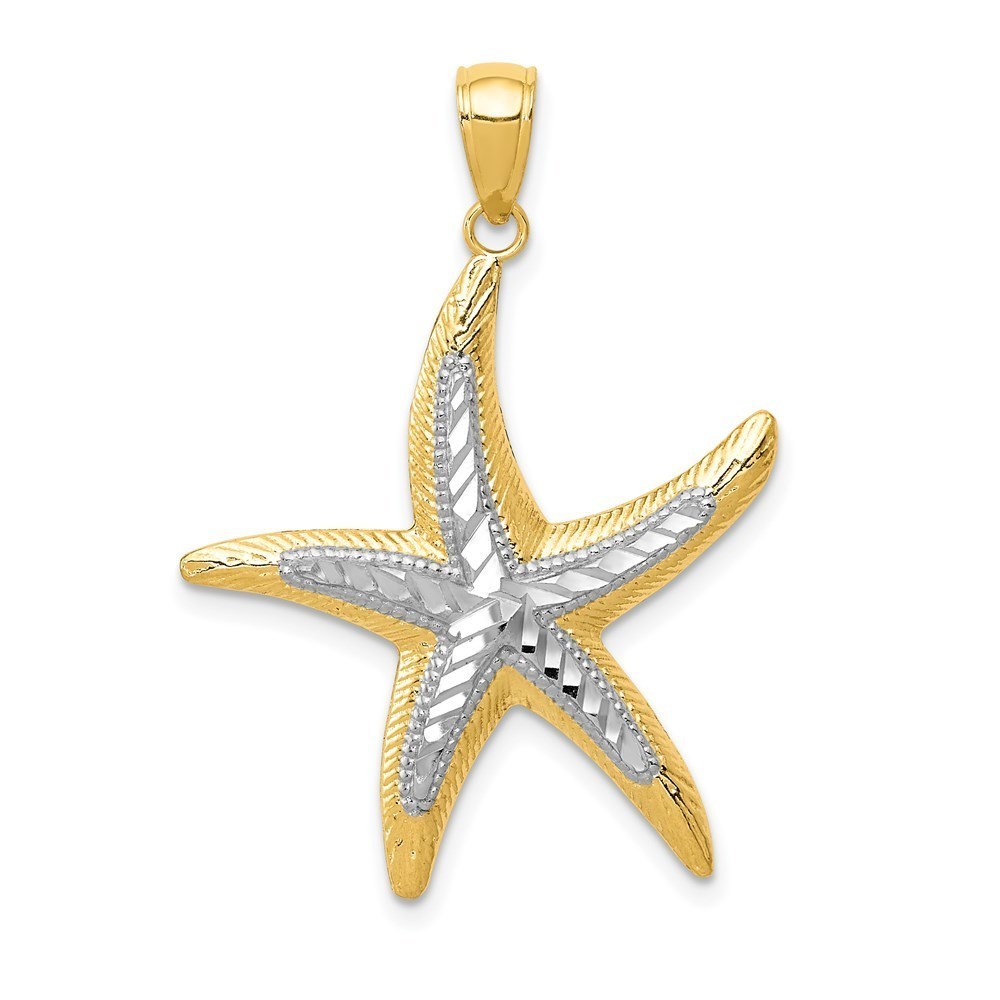 14k Yellow Gold with White Rhodium Starfish Necklace Charm Pendant